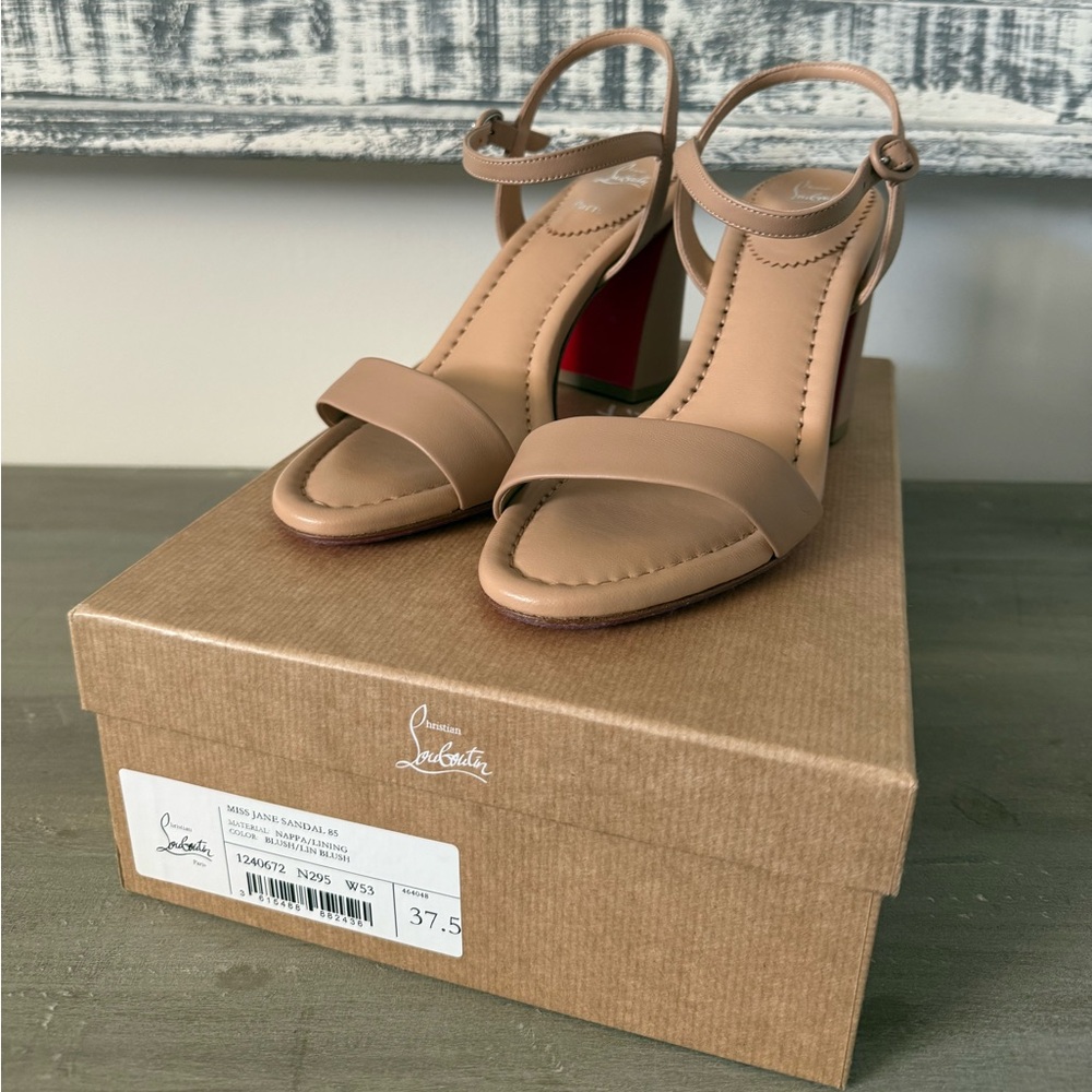 Christian Louboutin Miss Jane 85 Blush Nappa Sandals 37.5 Block Heel Red Sole